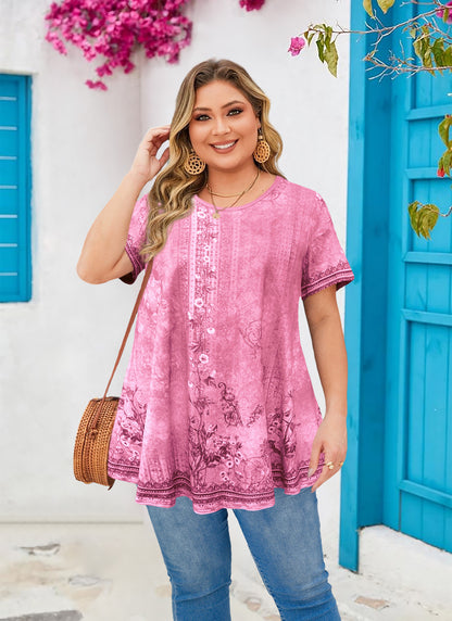 Womens Plus Size Tops Short Sleeve Swing Flare Flowy Tunic Loose Fit Summer Casual Blouses to Wear with Leggings I