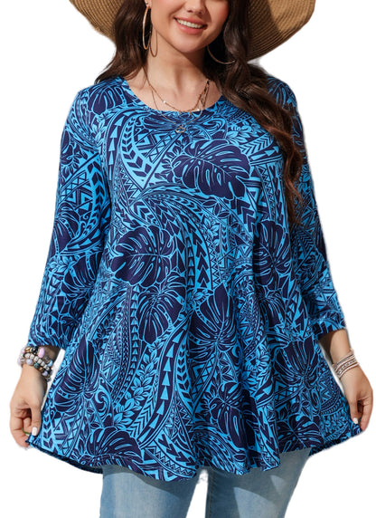 Womens Tops - Plus Size Tunics 3/4 Sleeve Loose Fit Dressy Casual Long Swing Flowy Lady Blouses Shirts Wear with Leggings Teals Blue Clothing A16 SATBL2