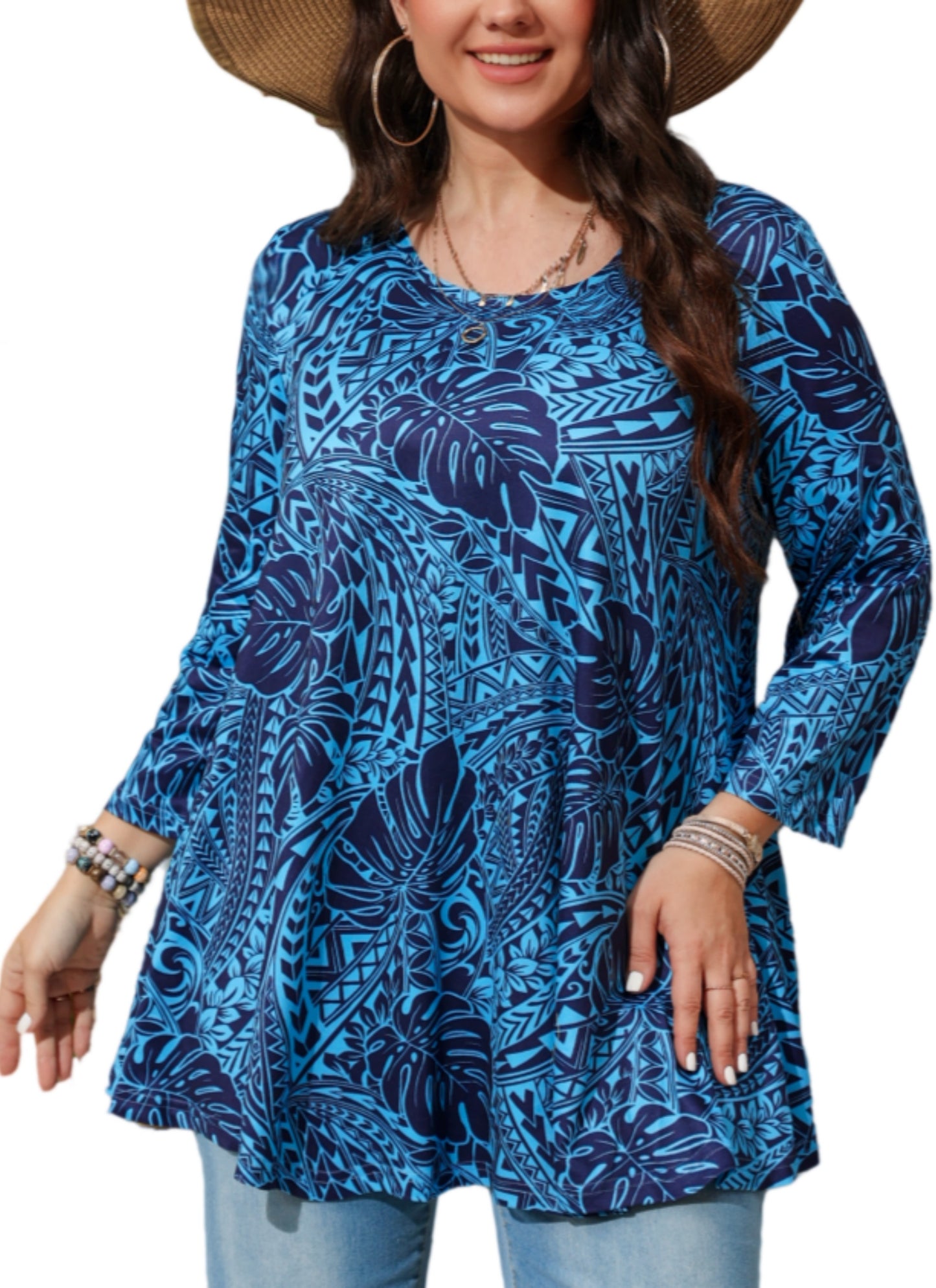 Womens Tops - Plus Size Tunics 3/4 Sleeve Loose Fit Dressy Casual Long Swing Flowy Lady Blouses Shirts Wear with Leggings Teals Blue Clothing A16 SATBL2