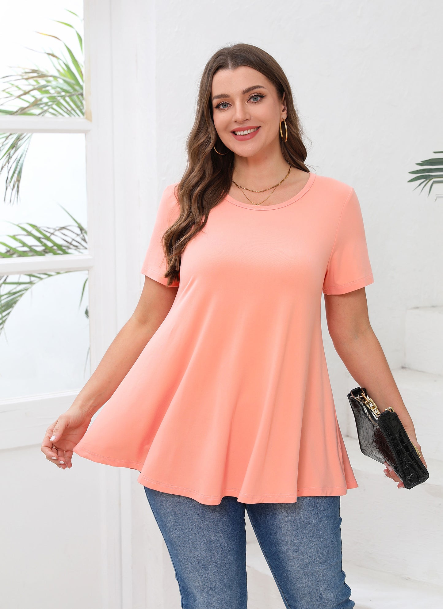 Tunic Tops for Women Plus Size Short Sleeve Crew Neck Swing Flare Loose T-Shirt Blouses to Wear with Leggings  Coral Pink Tunic