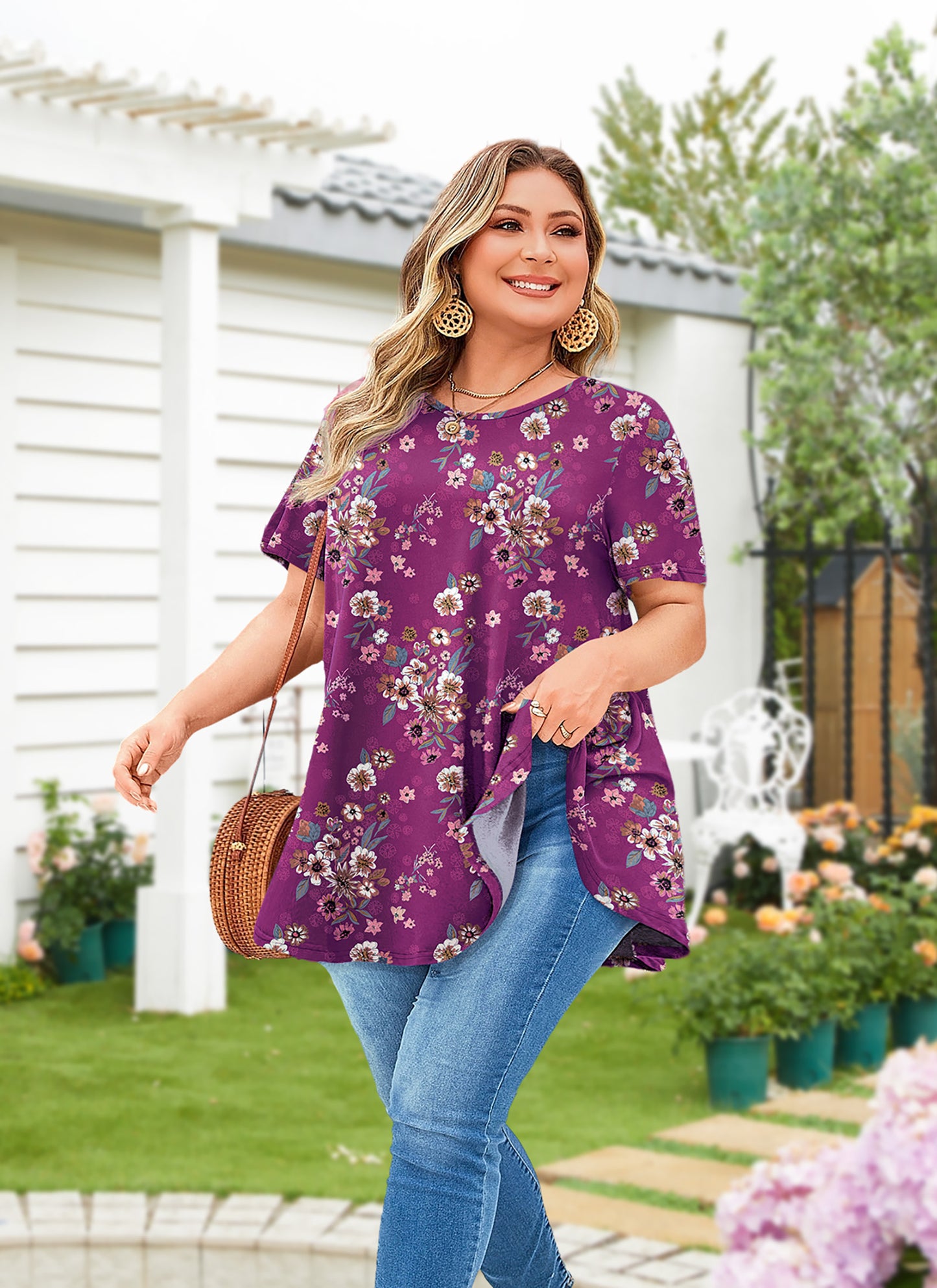 Tunic Tops for Women Plus Size Short Sleeve Crew Neck Swing Flare Loose T-Shirt Blouses to Wear with Leggings Magenta Tunic Floral
