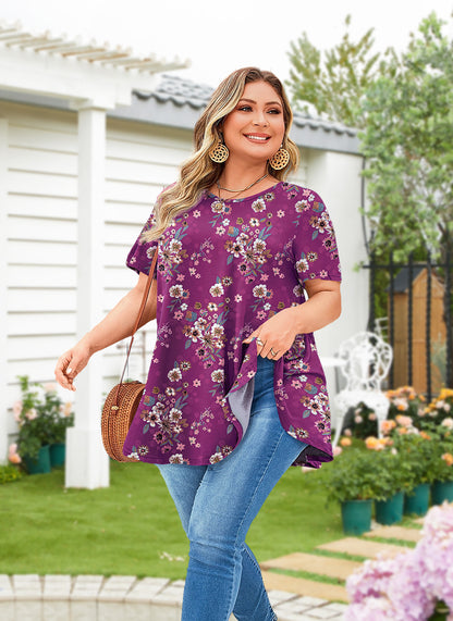 Tunic Tops for Women Plus Size Short Sleeve Crew Neck Swing Flare Loose T-Shirt Blouses to Wear with Leggings Magenta Tunic Floral