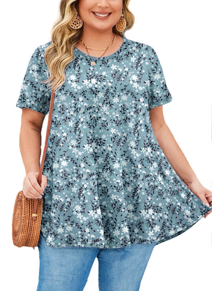 Womens Plus Size Tops Short Sleeve Swing Flare Flowy Tunic Loose Fit Summer Casual Blouses to Wear with Leggings Teals White Tops