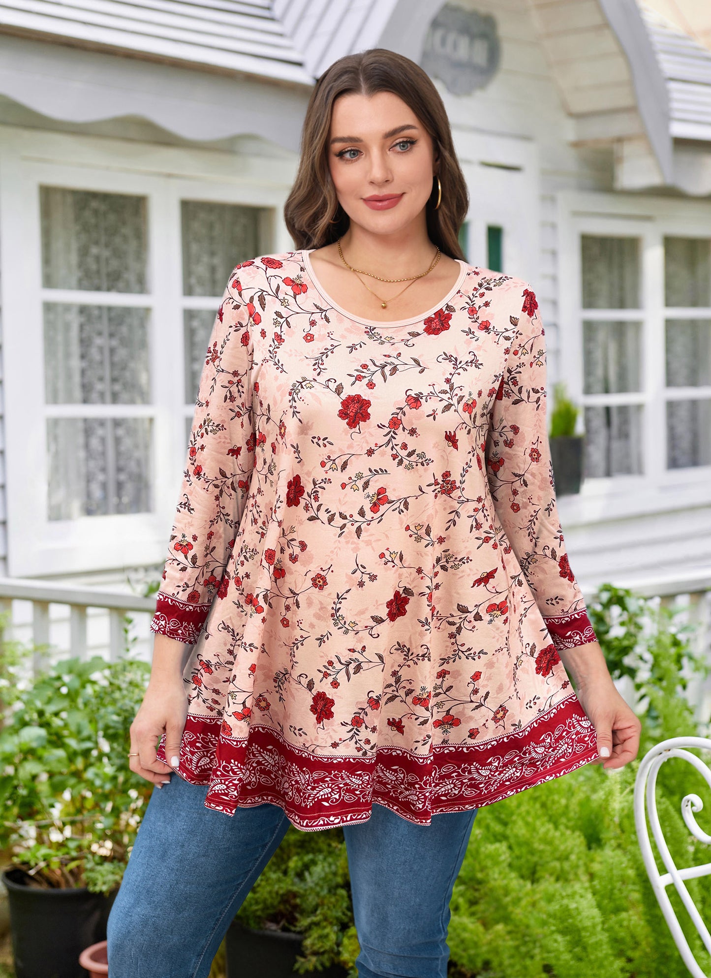 Womens Tunic 3/4 Sleeve Plus Size Tops Crew Neck Swing Flowy Loose Fit T-Shirt Blouses to Wear with Leggings Red Floral Pink Tunic