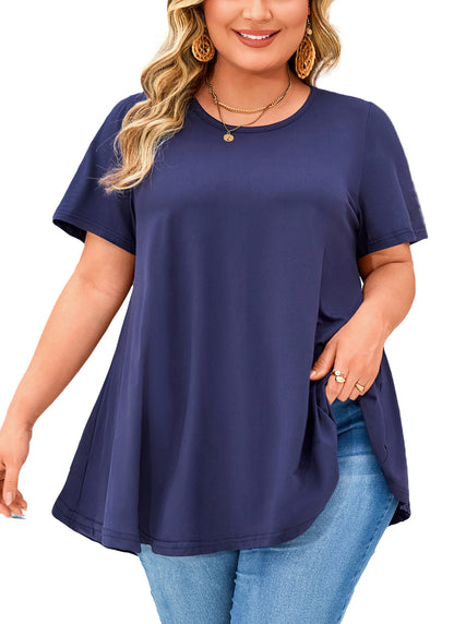 Womens Plus Size Tops Short Sleeve Swing Flare Flowy Tunic Loose Fit Summer Casual Blouses to Wear with Leggings Navy Blue Tunics Tops