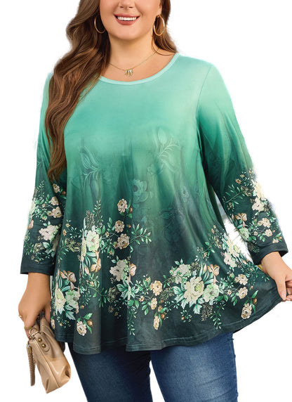 Womens Tunic 3/4 Sleeve Plus Size Tops Crew Neck Swing Flowy Loose Fit T-Shirt Blouses to Wear with Leggings Green Floral Tunics