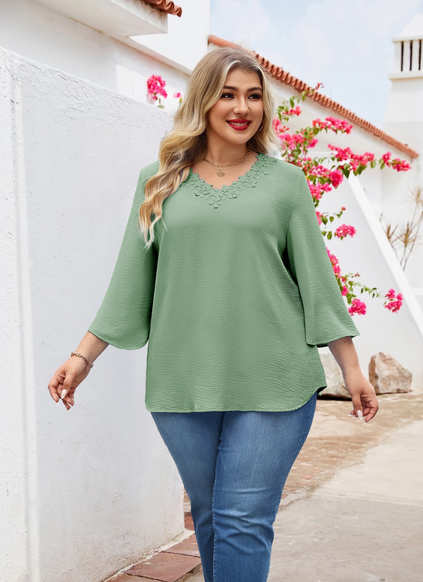Womens Plus Size Blouses Dressy Casual 3/4 Sleeve Elegant V Neck Floral Trim Ladies Tunics Tops Sage Green