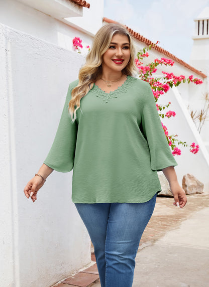Womens Plus Size Blouses Dressy Casual 3/4 Sleeve Elegant V Neck Floral Trim Ladies Tunics Tops Sage Green