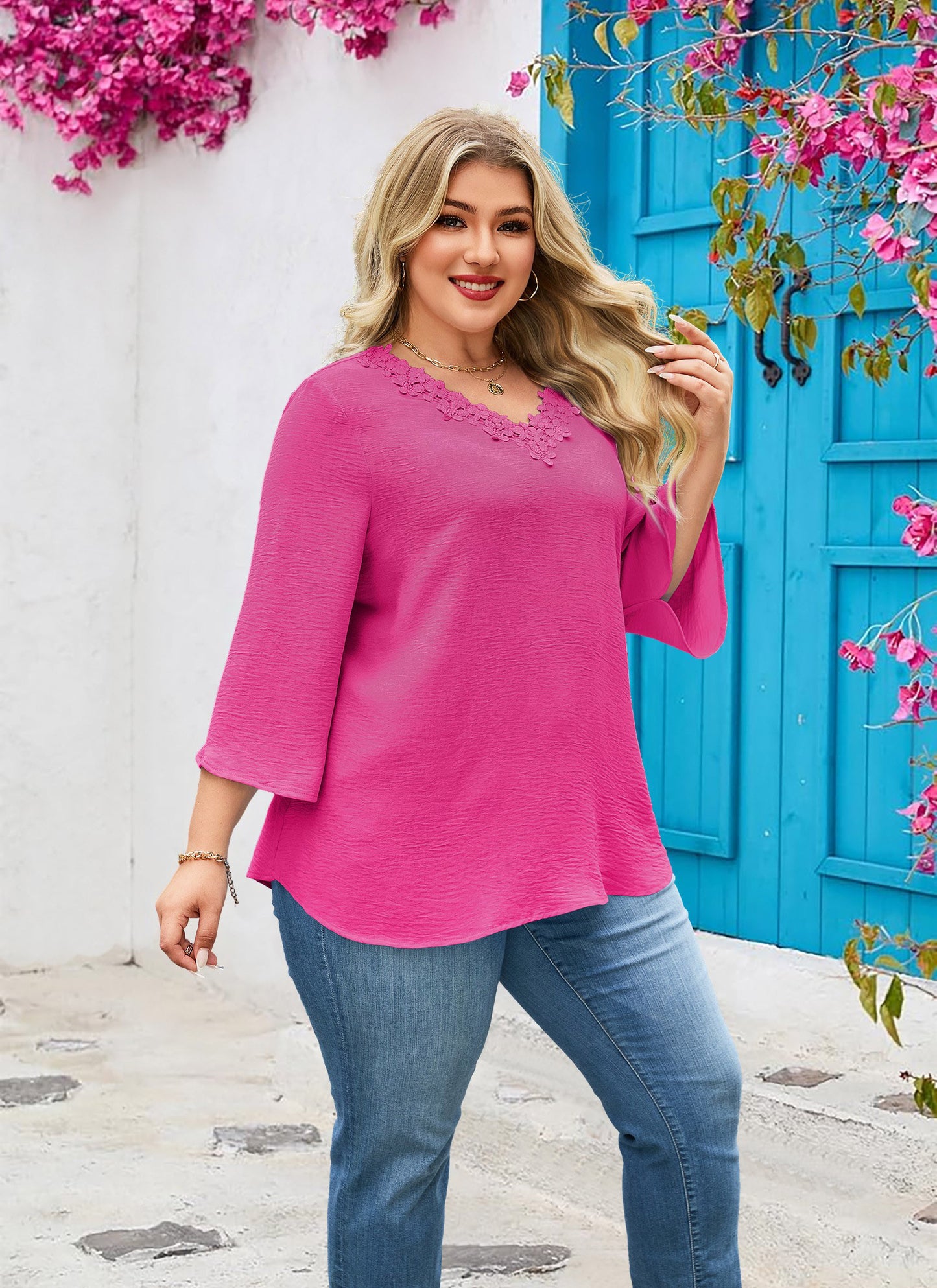 Womens Plus Size Blouses Dressy Casual 3/4 Sleeve Elegant V Neck Floral Trim Ladies Tunics Tops Hot Pink