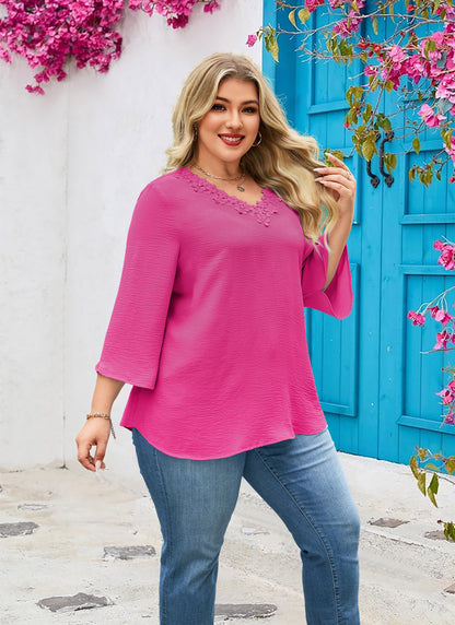 Womens Plus Size Blouses Dressy Casual 3/4 Sleeve Elegant V Neck Floral Trim Ladies Tunics Tops Hot Pink