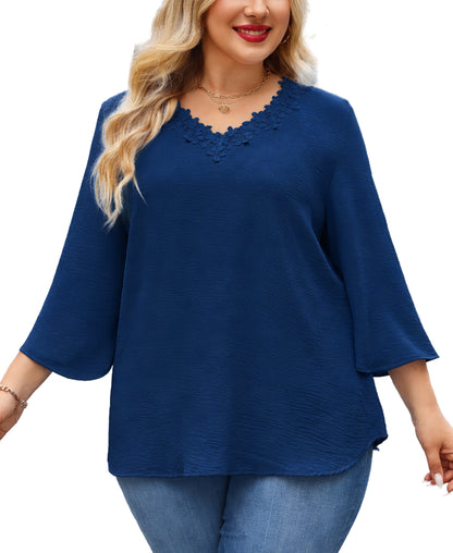 Womens Plus Size Blouses Dressy Casual 3/4 Sleeve Elegant V Neck Floral Trim Ladies Tunics Tops Navy Blue