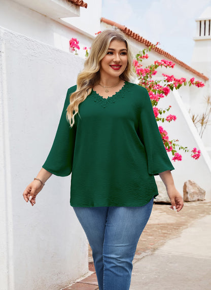 Womens Plus Size Blouses Dressy Casual 3/4 Sleeve Elegant V Neck Floral Trim Ladies Tunics Tops Green