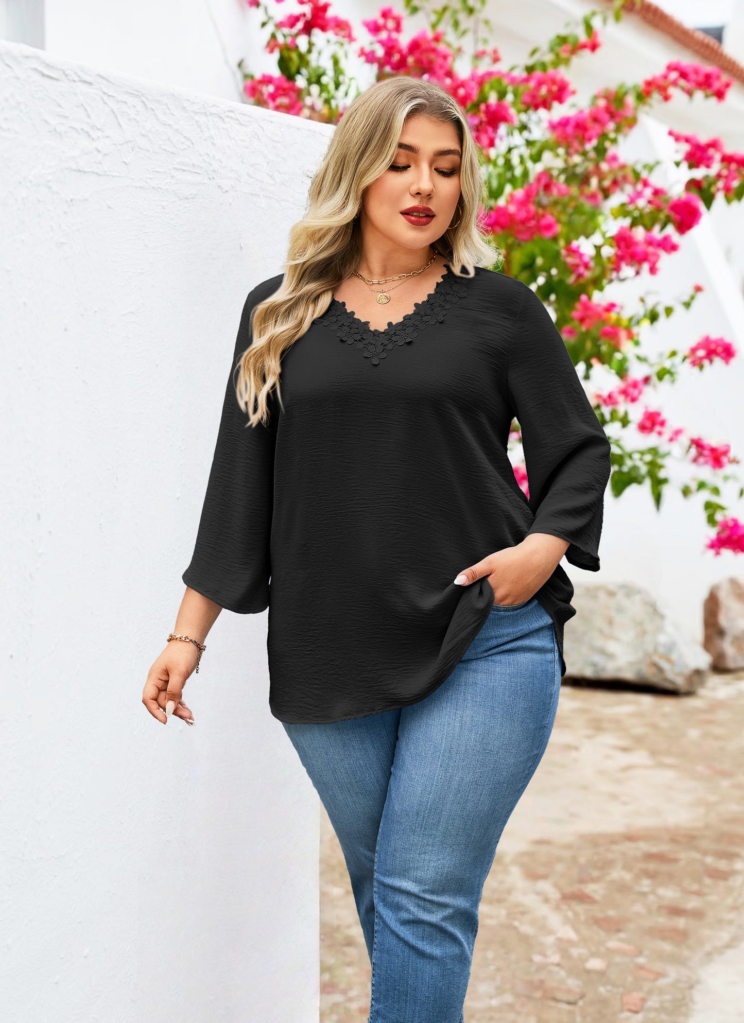 Womens Plus Size Blouses Dressy Casual 3/4 Sleeve Elegant V Neck Floral Trim Ladies Tunics Tops Black