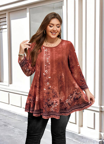 Womens Tunic Tops 3/4 Sleeve Plus Size Crew Neck Swing Flare Loose Fit T-Shirt Blouses to Wear with Leggings Burnt Orange Tunic