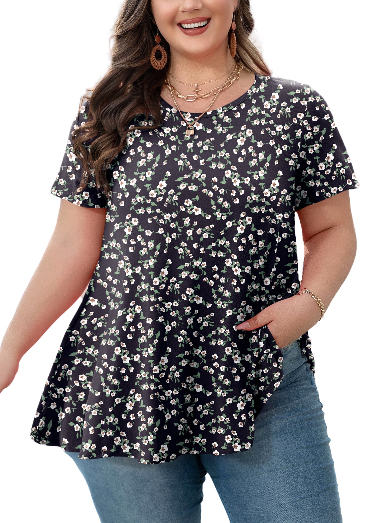 Womens Plus Size Tops Short Sleeve Swing Flare Flowy Tunic Loose Fit Summer Casual Blouses to Wear with Leggings Black White Floral Tops