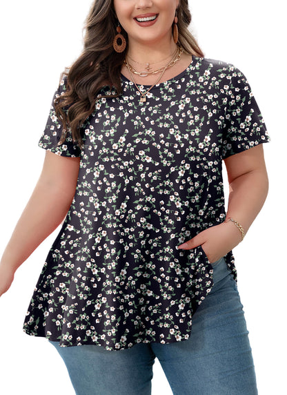 Womens Plus Size Tops Short Sleeve Swing Flare Flowy Tunic Loose Fit Summer Casual Blouses to Wear with Leggings Black White Floral Tops