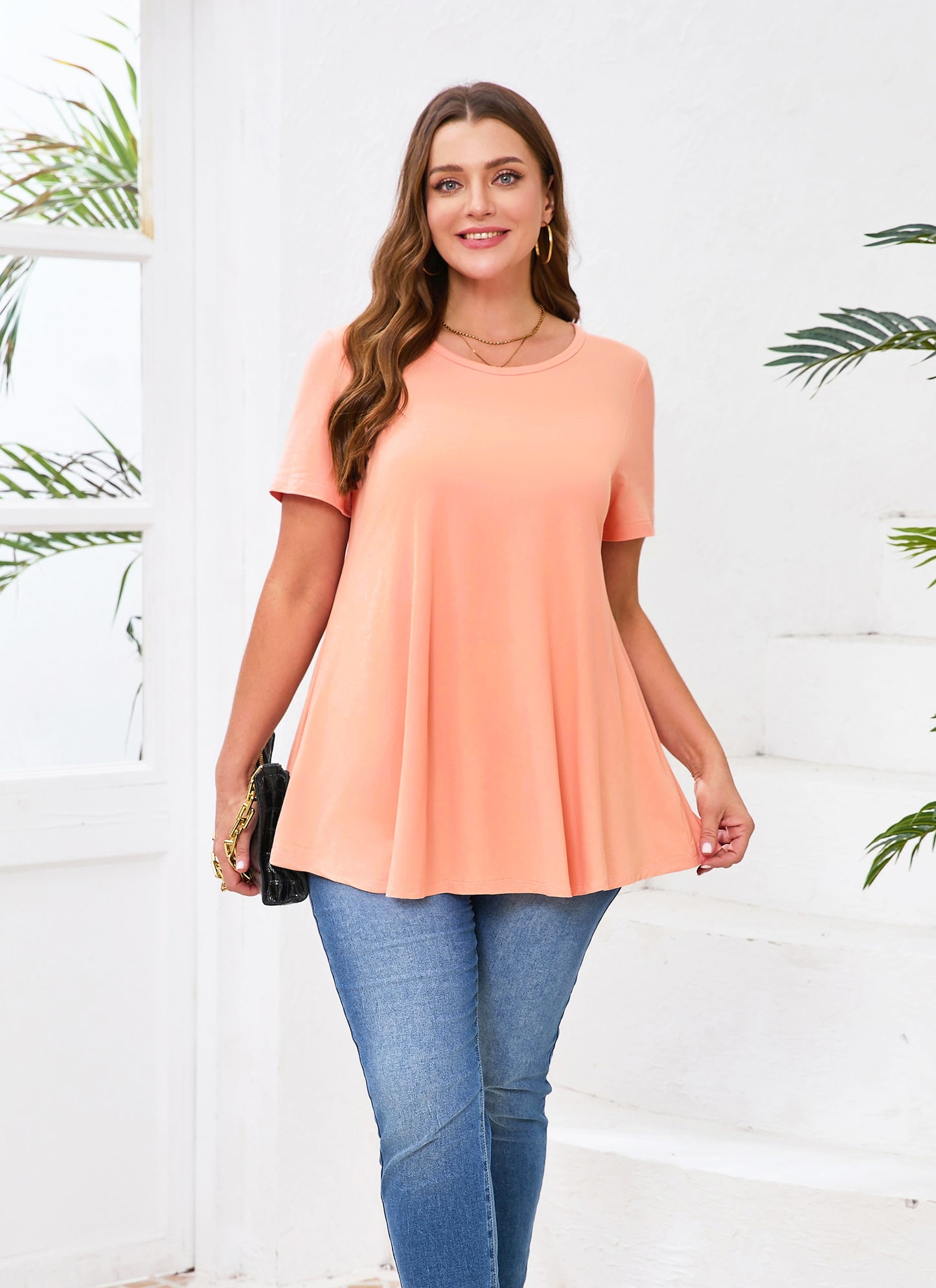 Tunic Tops for Women Plus Size Short Sleeve Crew Neck Swing Flare Loose T-Shirt Blouses to Wear with Leggings  Coral Pink Tunic