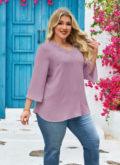 Womens Plus Size Blouses Dressy Casual 3/4 Sleeve Elegant V Neck Floral Trim Ladies Tunics Tops Purple