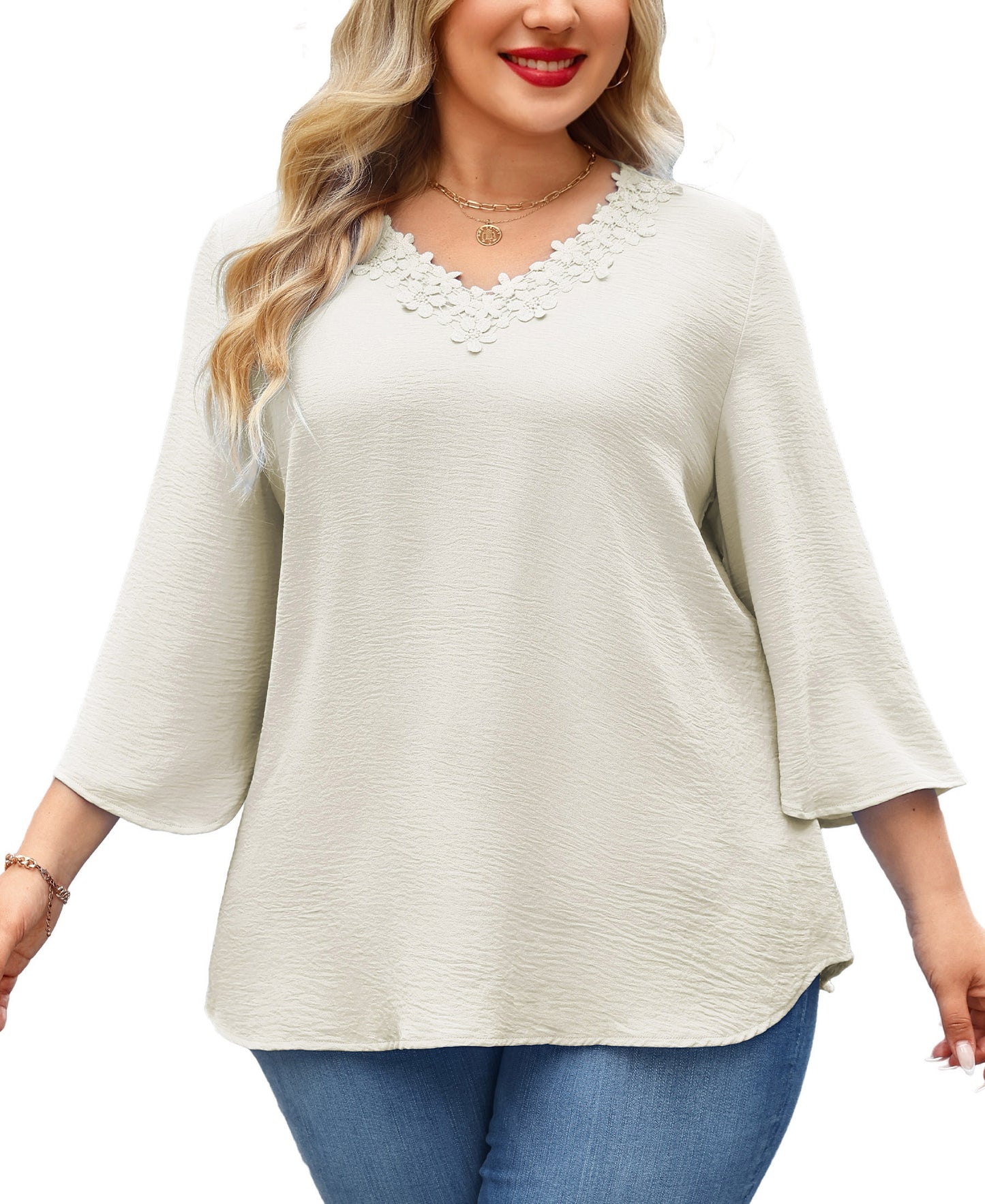 Womens Plus Size Blouses Dressy Casual 3/4 Sleeve Elegant V Neck Floral Trim Ladies Tunics Tops Begie