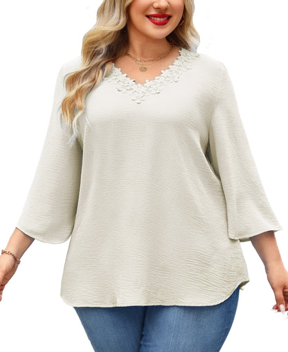 Womens Plus Size Blouses Dressy Casual 3/4 Sleeve Elegant V Neck Floral Trim Ladies Tunics Tops Begie