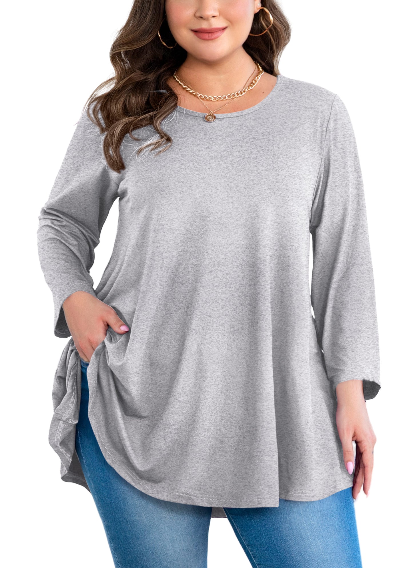 Womens Tunic Tops 3/4 Sleeve Plus Size Crew Neck Swing Flare Loose Fit T-Shirt Blouses to Wear with Leggings Grey Tunic Tops