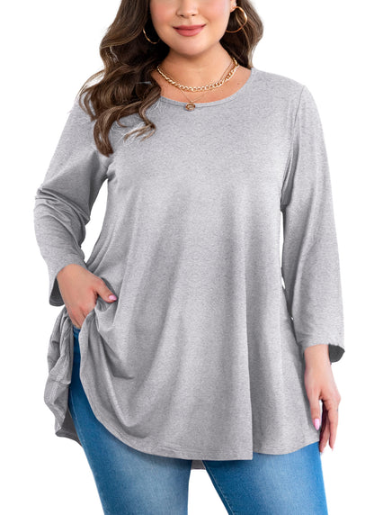 Womens Tunic Tops 3/4 Sleeve Plus Size Crew Neck Swing Flare Loose Fit T-Shirt Blouses to Wear with Leggings Grey Tunic Tops