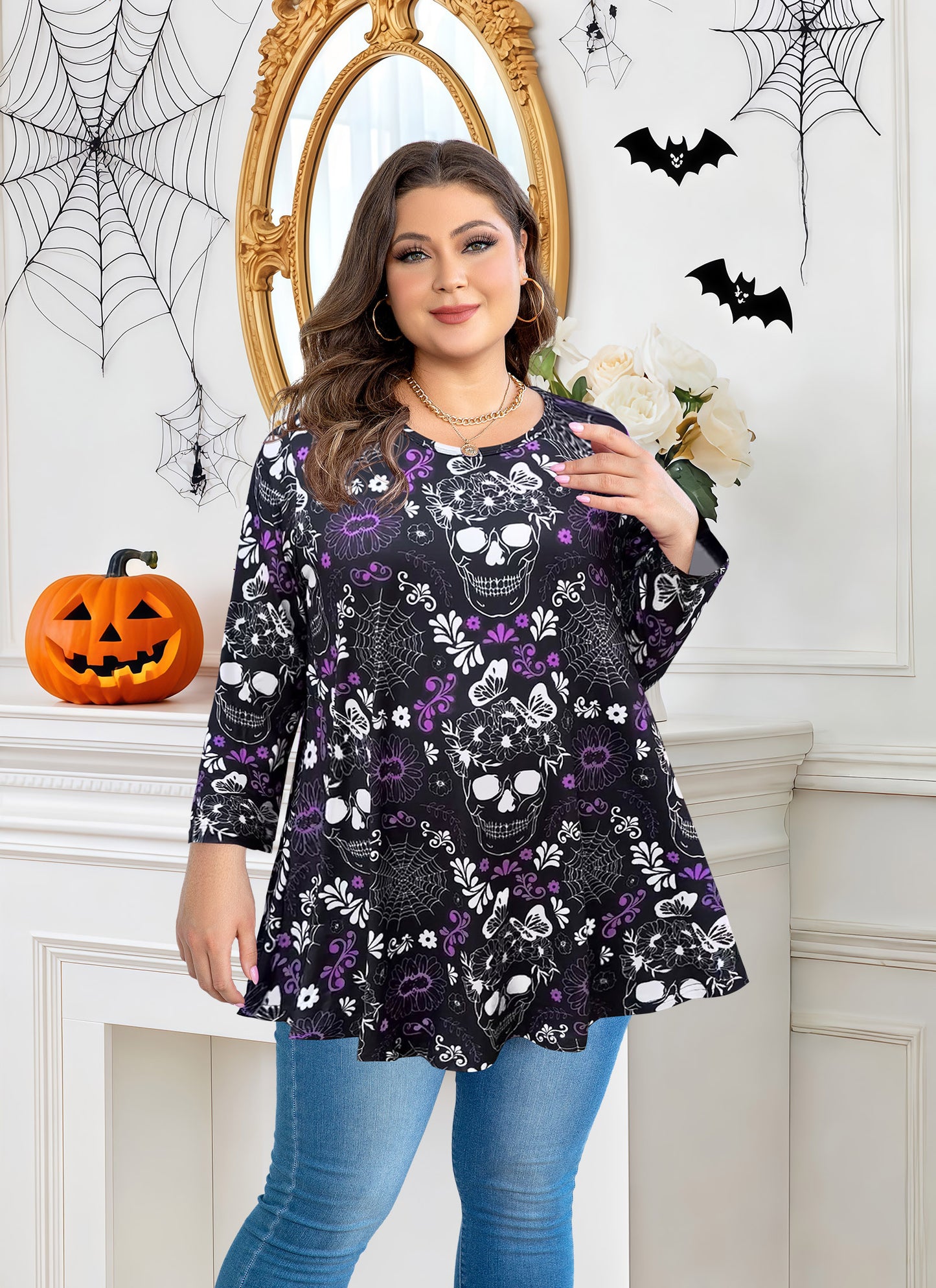 Womens Tunic Tops 3/4 Sleeve Plus Size Crew Neck Swing Flare Loose Fit T-Shirt Blouses to Wear with Leggings Tunic Halloween Pattan
