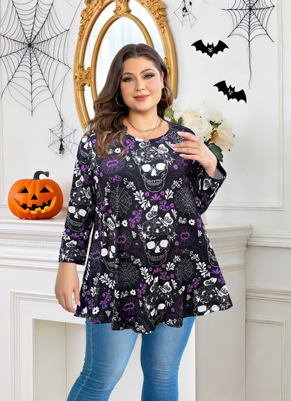 Womens Tunic Tops 3/4 Sleeve Plus Size Crew Neck Swing Flare Loose Fit T-Shirt Blouses to Wear with Leggings Tunic Halloween Pattan