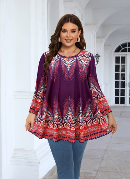 Womens Tunic 3/4 Sleeve Plus Size Tops Crew Neck Swing Flowy Loose Fit T-Shirt Blouses to Wear with Leggings Orange Floral Tops Purple