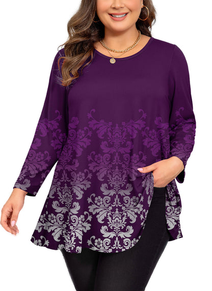 Womens Tunic 3/4 Sleeve Plus Size Tops Crew Neck Swing Flowy Loose Fit T-Shirt Blouses to Wear with Leggings Purple Floral Tops Plus Size
