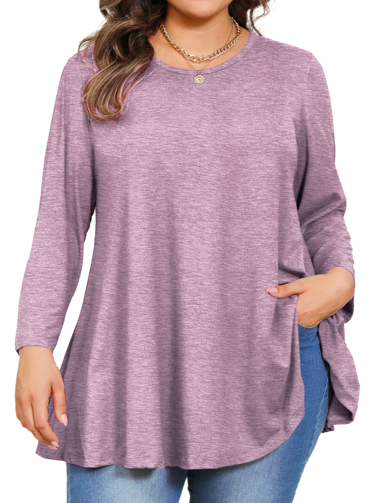 Womens Tunic 3/4 Sleeve Plus Size Tops Crew Neck Swing Flowy Loose Fit T-Shirt Blouses to Wear with Leggings Tunic Tops Purple