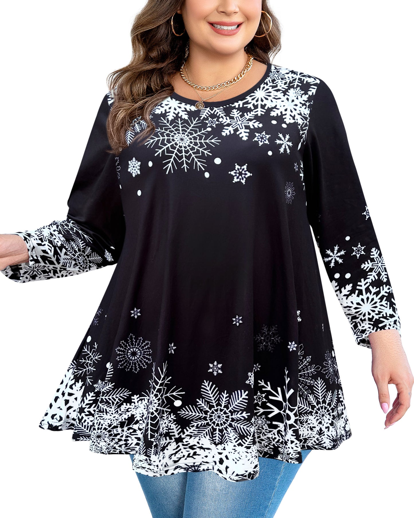 Womens Tunic Tops 3/4 Sleeve Plus Size Crew Neck Swing Flare Loose Fit T-Shirt Blouses to Wear with Leggings Christmas Tunic Tops Black