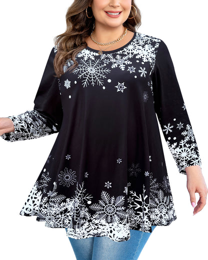 Womens Tunic Tops 3/4 Sleeve Plus Size Crew Neck Swing Flare Loose Fit T-Shirt Blouses to Wear with Leggings Christmas Tunic Tops Black