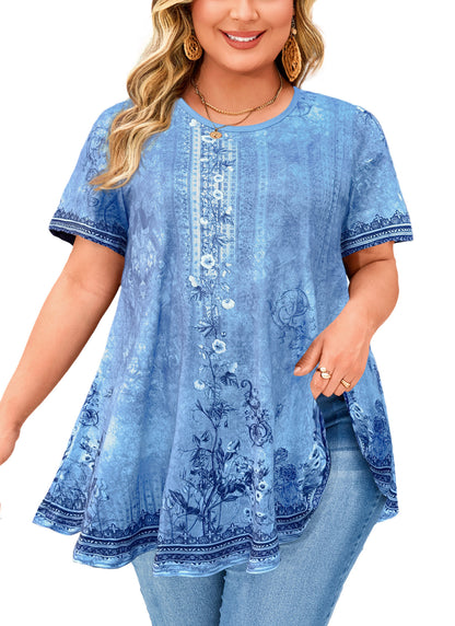 Tunic Tops for Women Plus Size Short Sleeve Crew Neck Swing Flare Loose T-Shirt Blouses to Wear with Leggings Light Blue Floral Tops