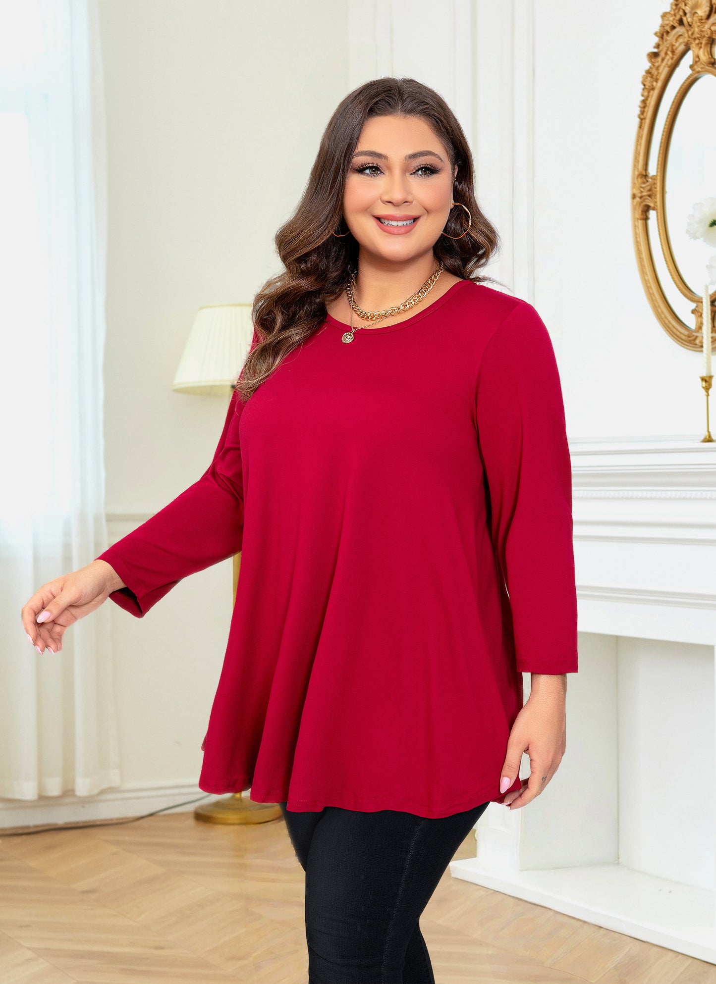 Womens Tunic Tops 3/4 Sleeve Plus Size Crew Neck Swing Flare Loose Fit T-Shirt Blouses to Wear with Leggings Tunic Tops Red
