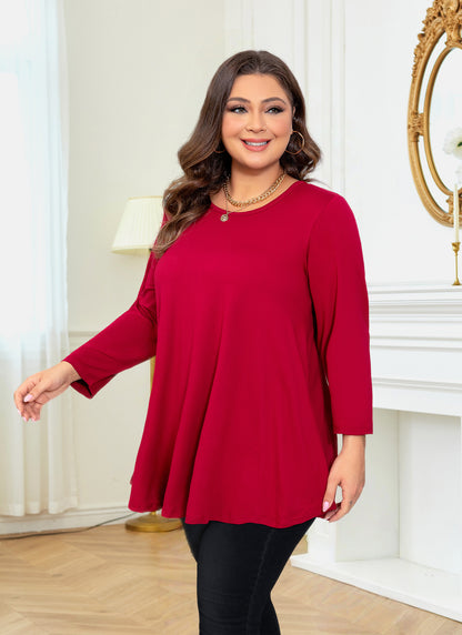 Womens Tunic Tops 3/4 Sleeve Plus Size Crew Neck Swing Flare Loose Fit T-Shirt Blouses to Wear with Leggings Tunic Tops Red