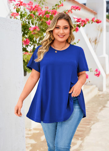 Tunic Tops for Women Plus Size Short Sleeve Crew Neck Swing Flare Loose T-Shirt Blouses to Wear with Leggings B12 SATXRB