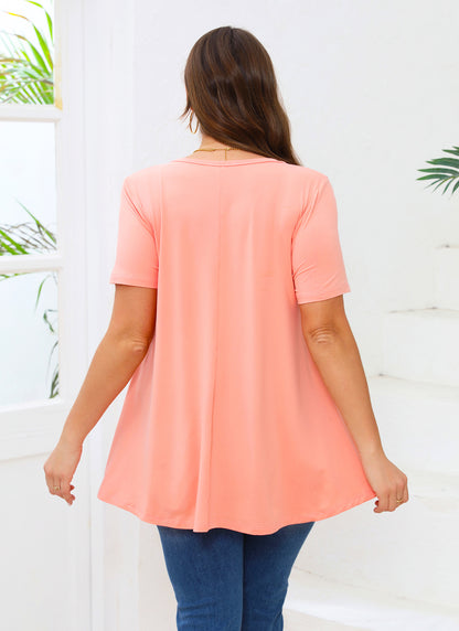 Tunic Tops for Women Plus Size Short Sleeve Crew Neck Swing Flare Loose T-Shirt Blouses to Wear with Leggings  Coral Pink Tunic
