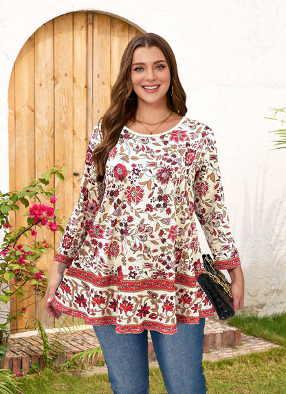 Womens Tunic Tops 3/4 Sleeve Plus Size Crew Neck Swing Flare Loose Fit T-Shirt Blouses to Wear with Leggings Red Floral Top