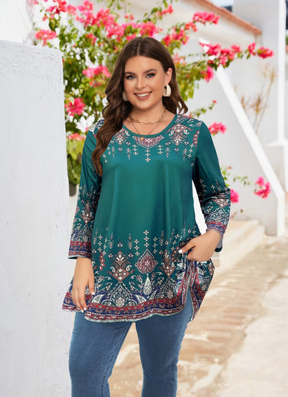 Womens Tunic 3/4 Sleeve Plus Size Tops Crew Neck Swing Flowy Loose Fit T-Shirt Blouses to Wear with Leggings Teals Blue Floral Tunics
