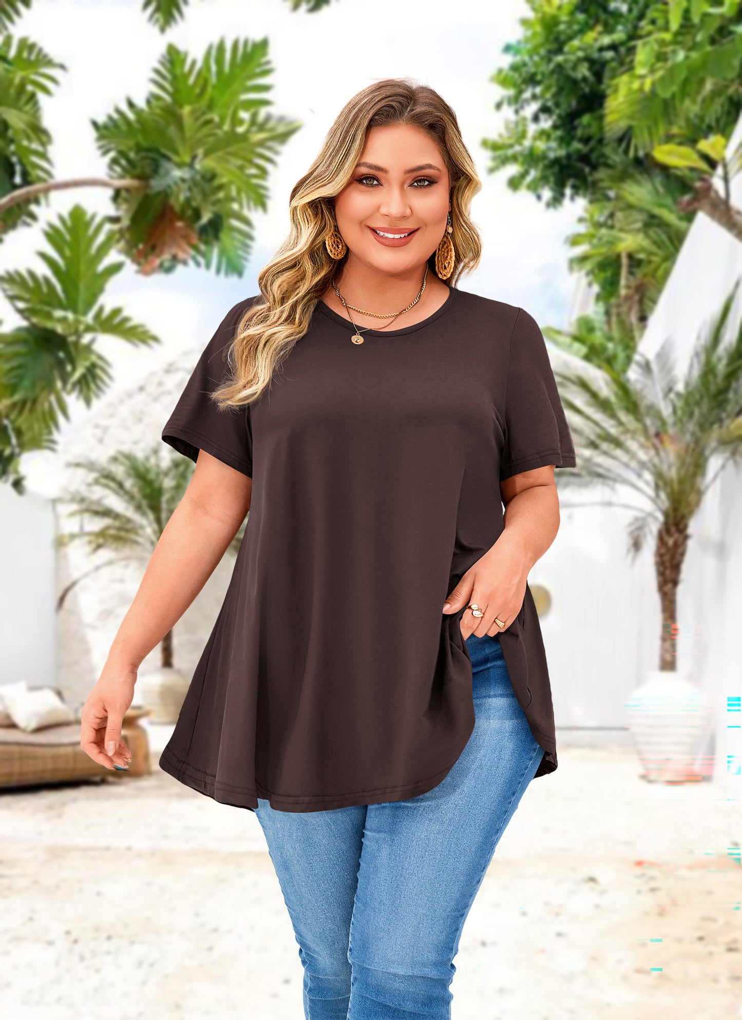 Tunic Tops for Women Plus Size Short Sleeve Crew Neck Swing Flare Loose T-Shirt Blouses to Wear with Leggings  B14 SATXBN