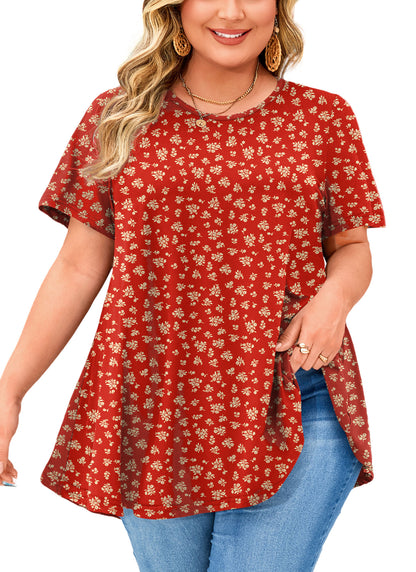 Tunic Tops for Women Plus Size Short Sleeve Crew Neck Swing Flare Loose T-Shirt Blouses to Wear with Leggings B16 SATXOF