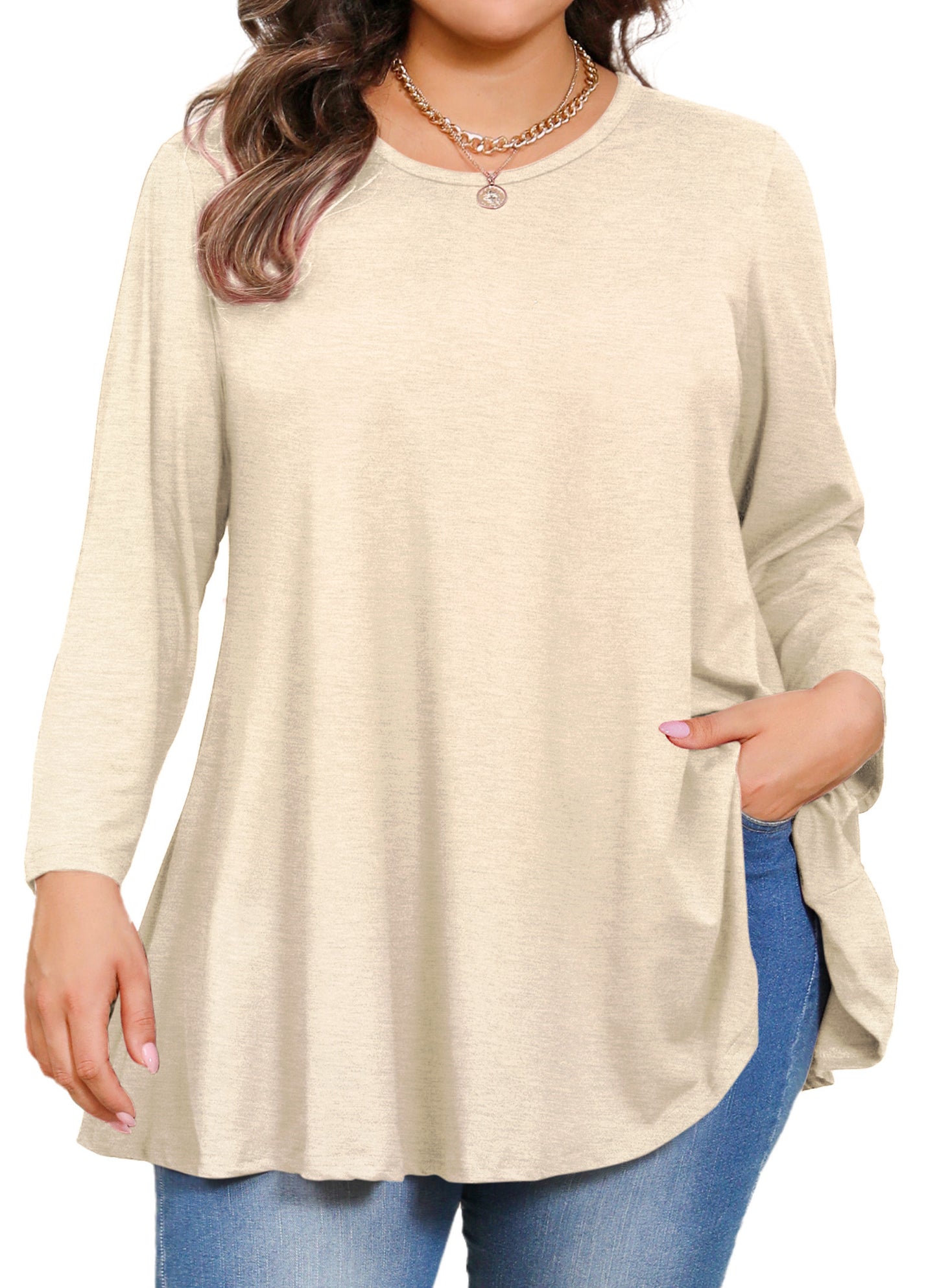 Womens Tunic 3/4 Sleeve Plus Size Tops Crew Neck Swing Flowy Loose Fit T-Shirt Blouses to Wear with Leggings Tunic Tops Beige