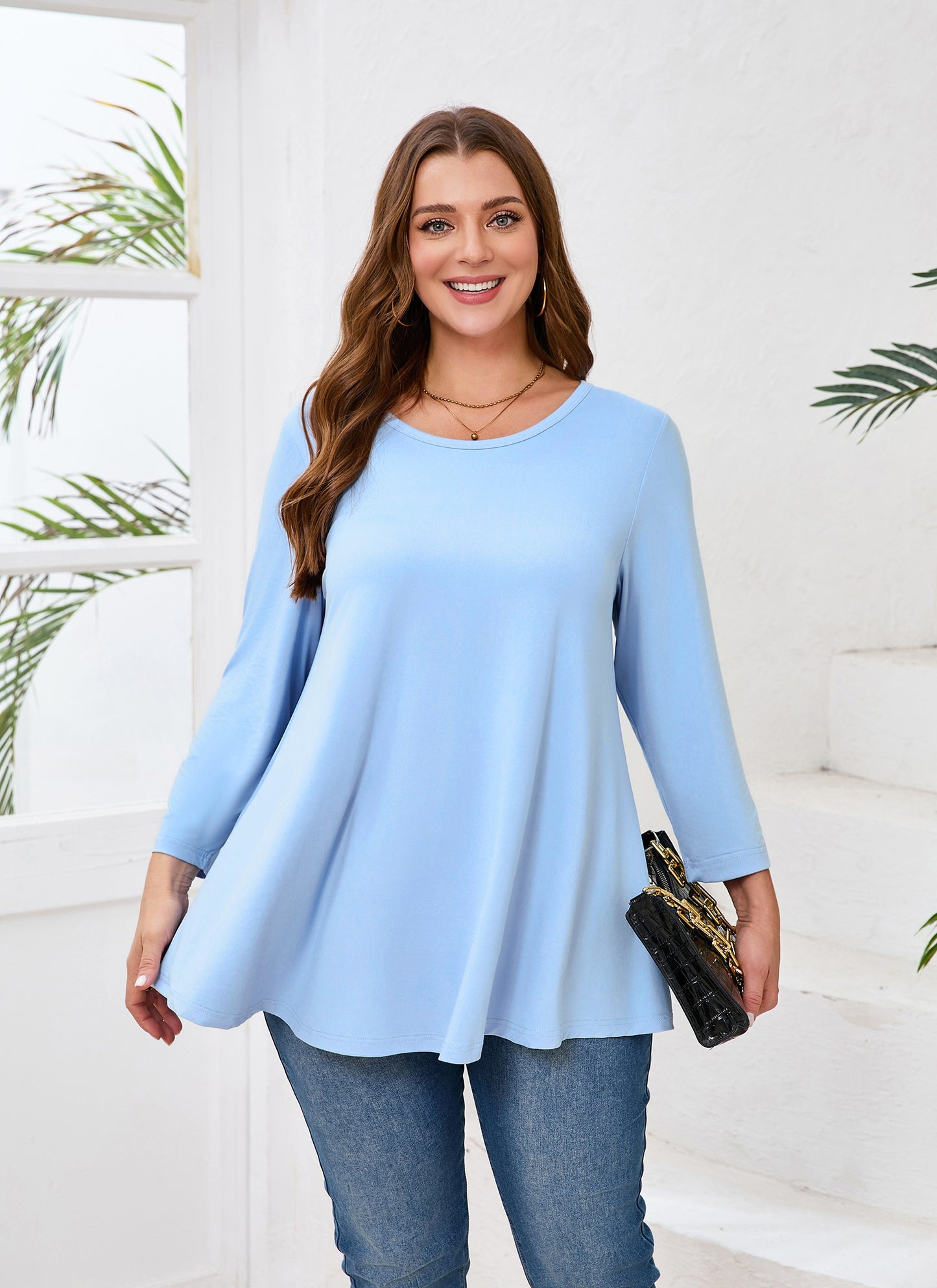 Womens Tops - Plus Size Tunics 3/4 Sleeve Loose Fit Dressy Casual Long Swing Flowy Lady Blouses Shirts Wear with Leggings Teals Blue Clothing A37 SATLB