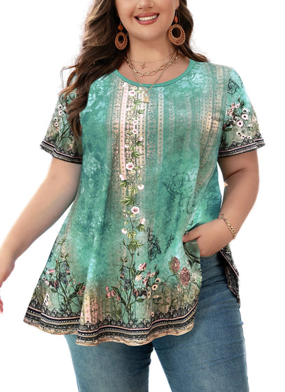 Tunic Tops for Women Plus Size Short Sleeve Crew Neck Swing Flare Loose T-Shirt Blouses to Wear with Leggings Green Floral Tunics Tops