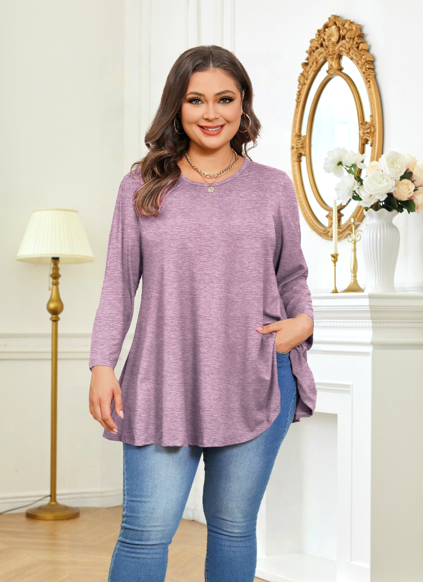 Womens Tunic 3/4 Sleeve Plus Size Tops Crew Neck Swing Flowy Loose Fit T-Shirt Blouses to Wear with Leggings Tunic Tops Purple