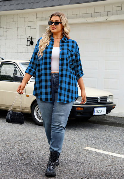 Womens Plus Size Flannel Shirts Long Sleeve Button Down Plaid Shirt Roll Up Oversize Checkered Blouse Top Fall II