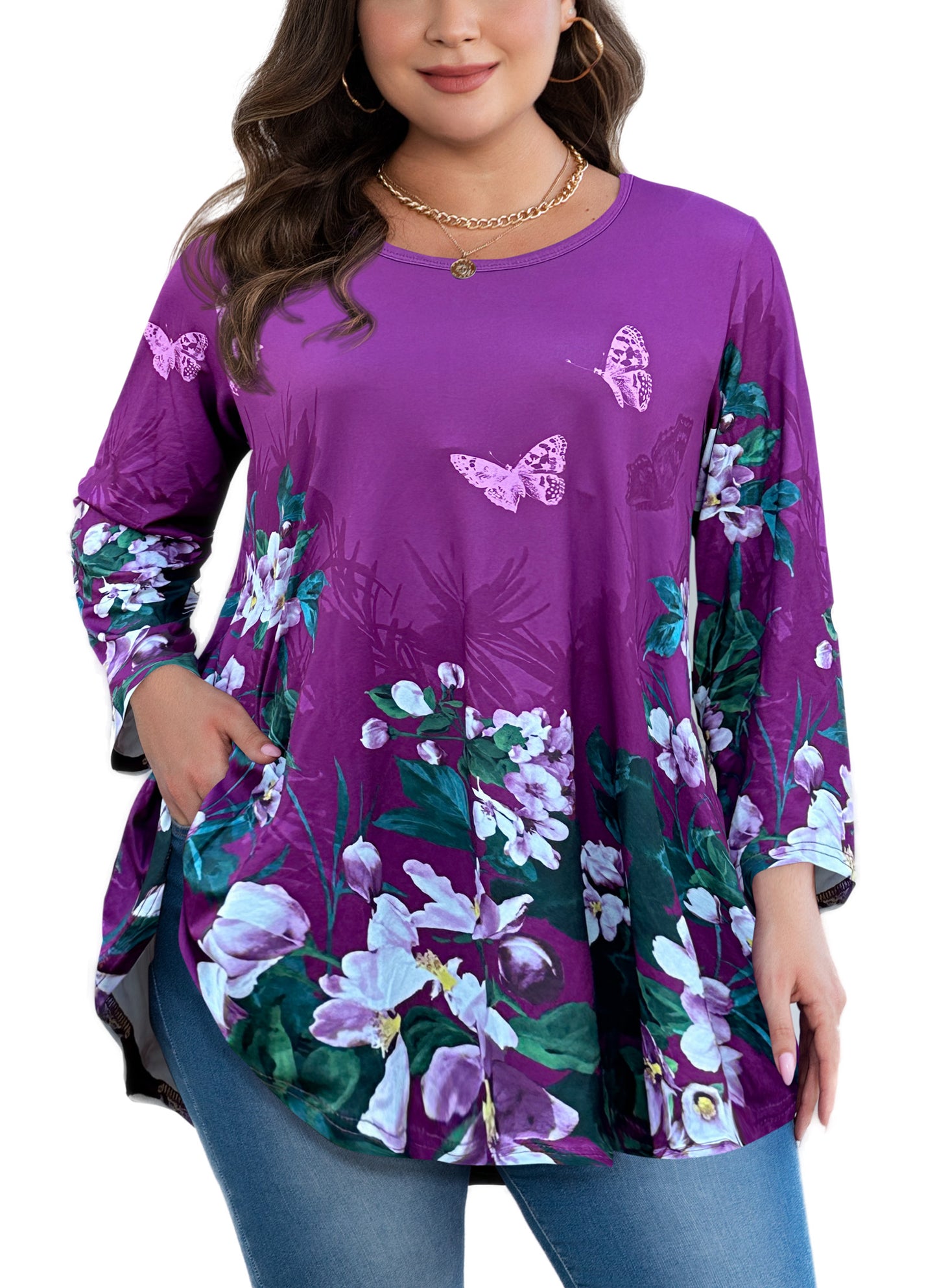Womens Tunic 3/4 Sleeve Plus Size Tops Crew Neck Swing Flowy Loose Fit T-Shirt Blouses to Wear with Leggings Purple Floral Tunic Tops