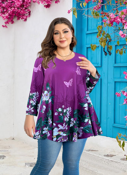 Womens Tunic 3/4 Sleeve Plus Size Tops Crew Neck Swing Flowy Loose Fit T-Shirt Blouses to Wear with Leggings Purple Floral Tunic Tops