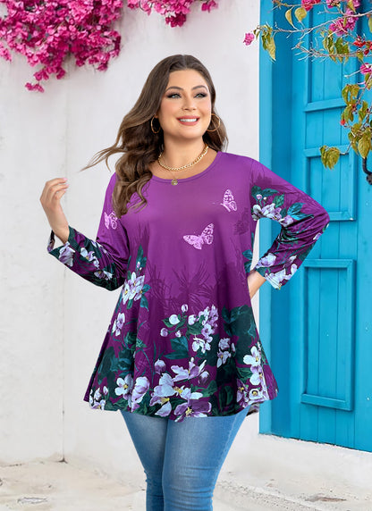 Womens Tunic 3/4 Sleeve Plus Size Tops Crew Neck Swing Flowy Loose Fit T-Shirt Blouses to Wear with Leggings Purple Floral Tunic Tops